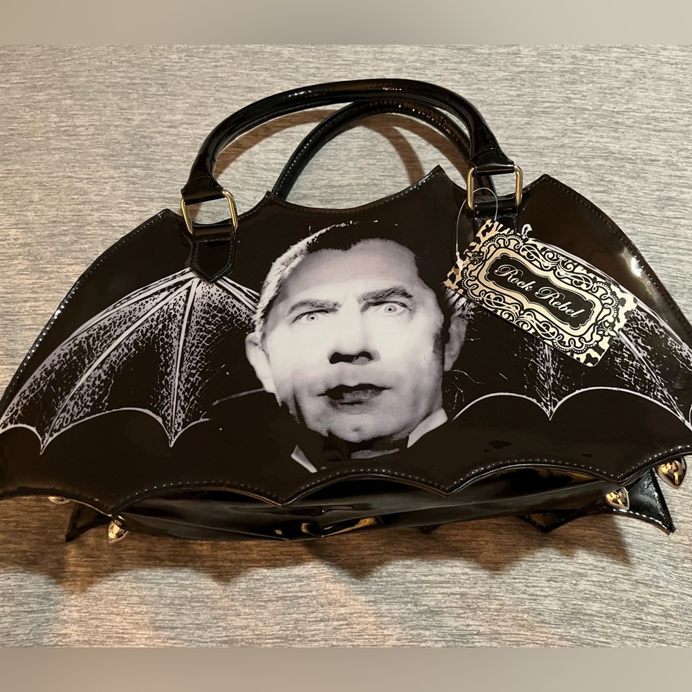 Rock Rebel Dracula bat bag-handles, NWT, black vinyl zip top.
